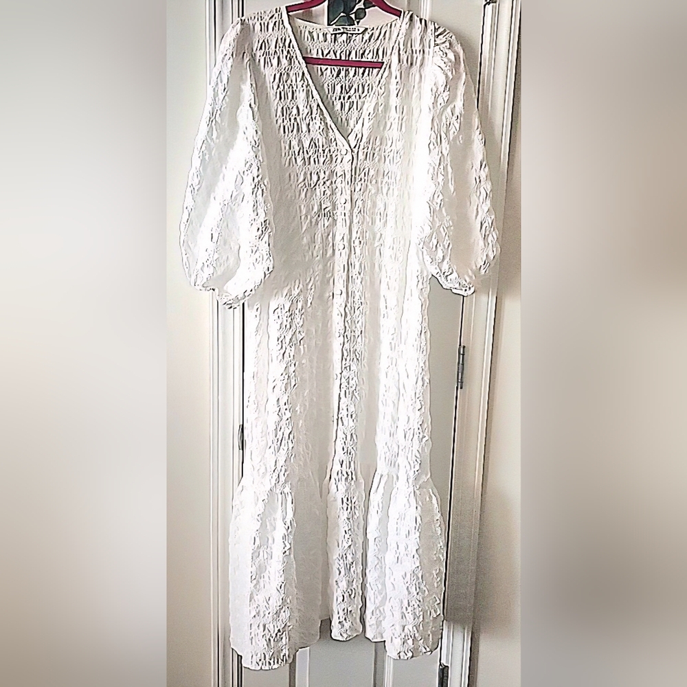 ZARA White MARTA Textured balloon/puff Sleeve Button Down Women's Dress - Picture 4 of 4